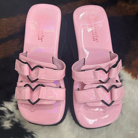 Demonia Flip Pink Hologram Slip On Double Heart Wedge Sandals - Picture 3 of 6